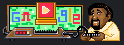 Google doodle image in 8bit style portraying Jery Lawson playing video games.
