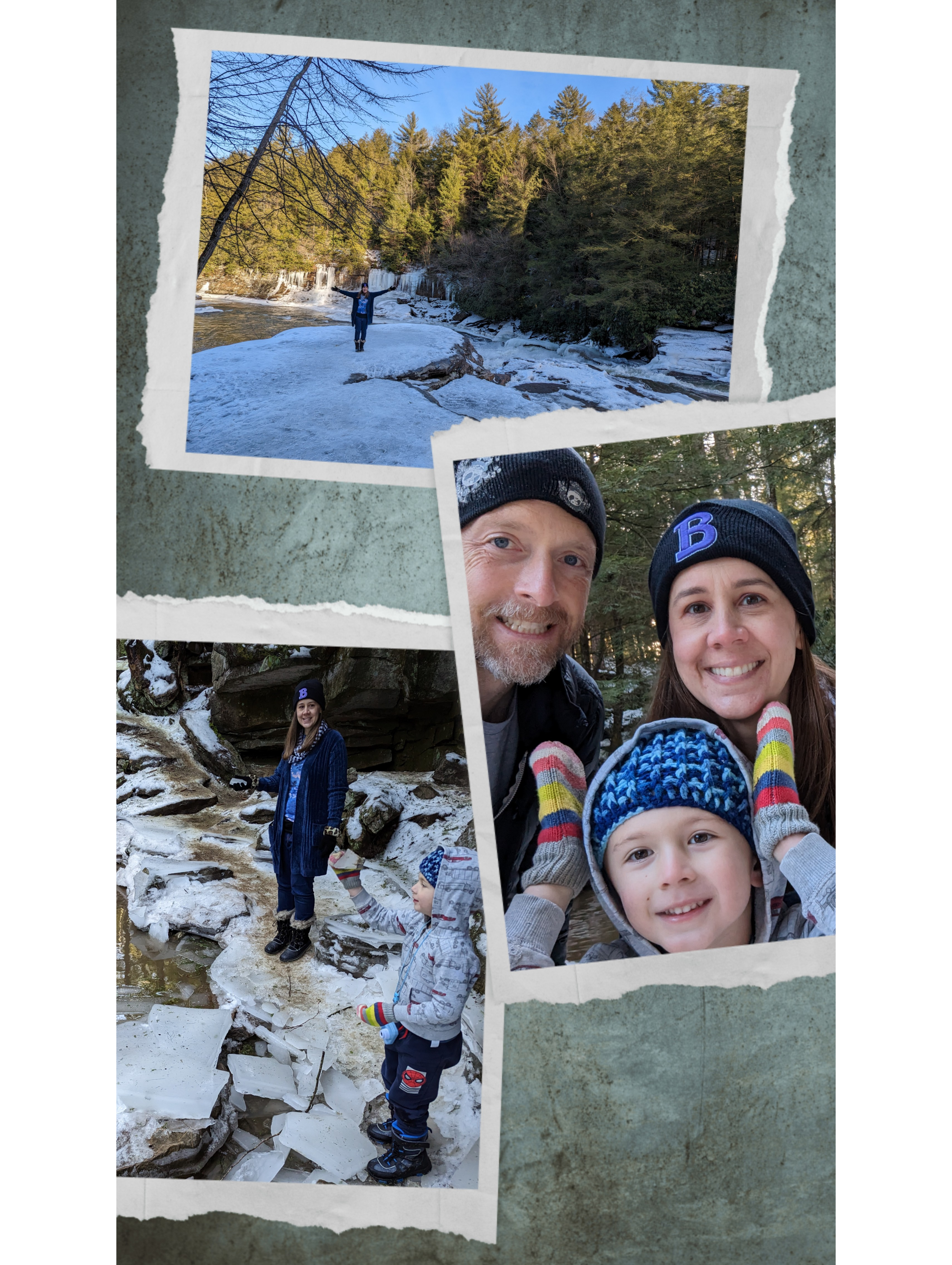 A collage of three photos. Top photo is a woman standing on a snow covered, rocky outcropping with icicle covered cliffs in the background. The middle photo is a woman, man, and child posing for a selfie with winter gear on. The third is a woman and child standing next to an icy creek about to throw ice chunks in.