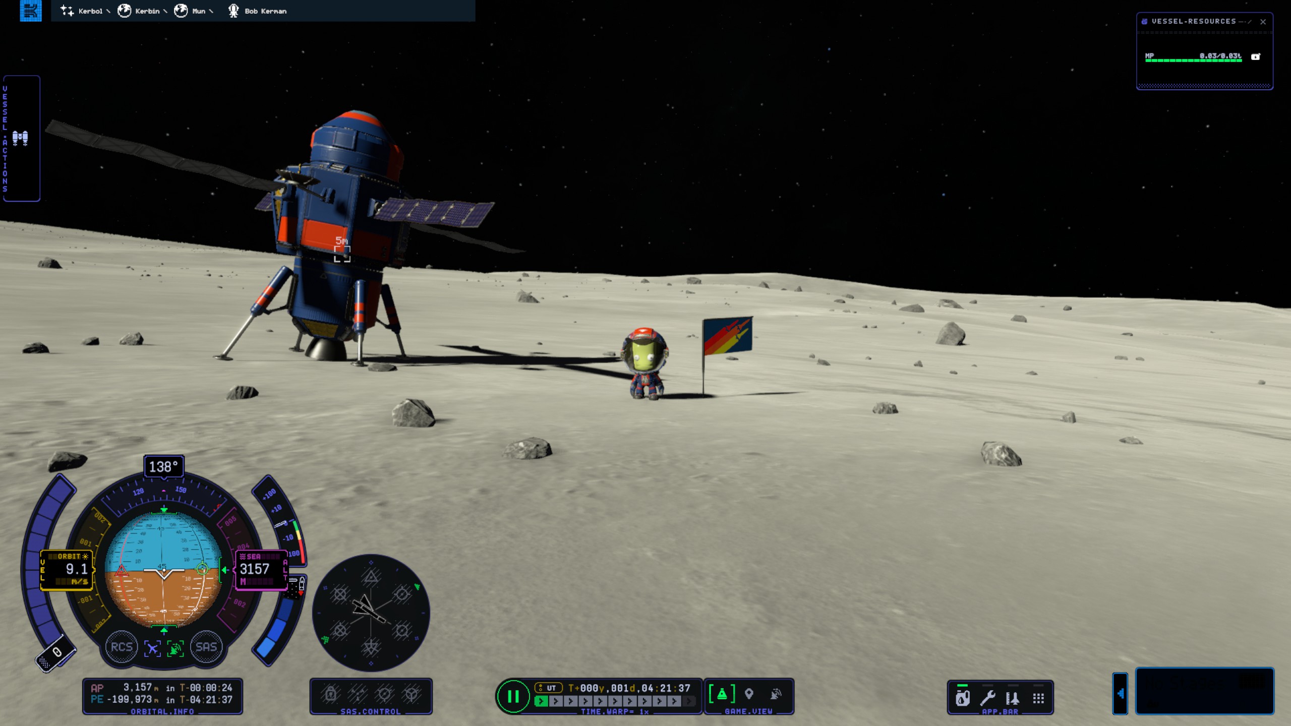 A screenshot of Kerbal Space Program 2. There are elements of the UI for launching and tracking the spaceship. The main image is a small green figure in a space suit standing next to a flag on the surface of the Mun (which looks shockingly like the moon). The Kerbal's lander is to the left of him, tilting slightly.