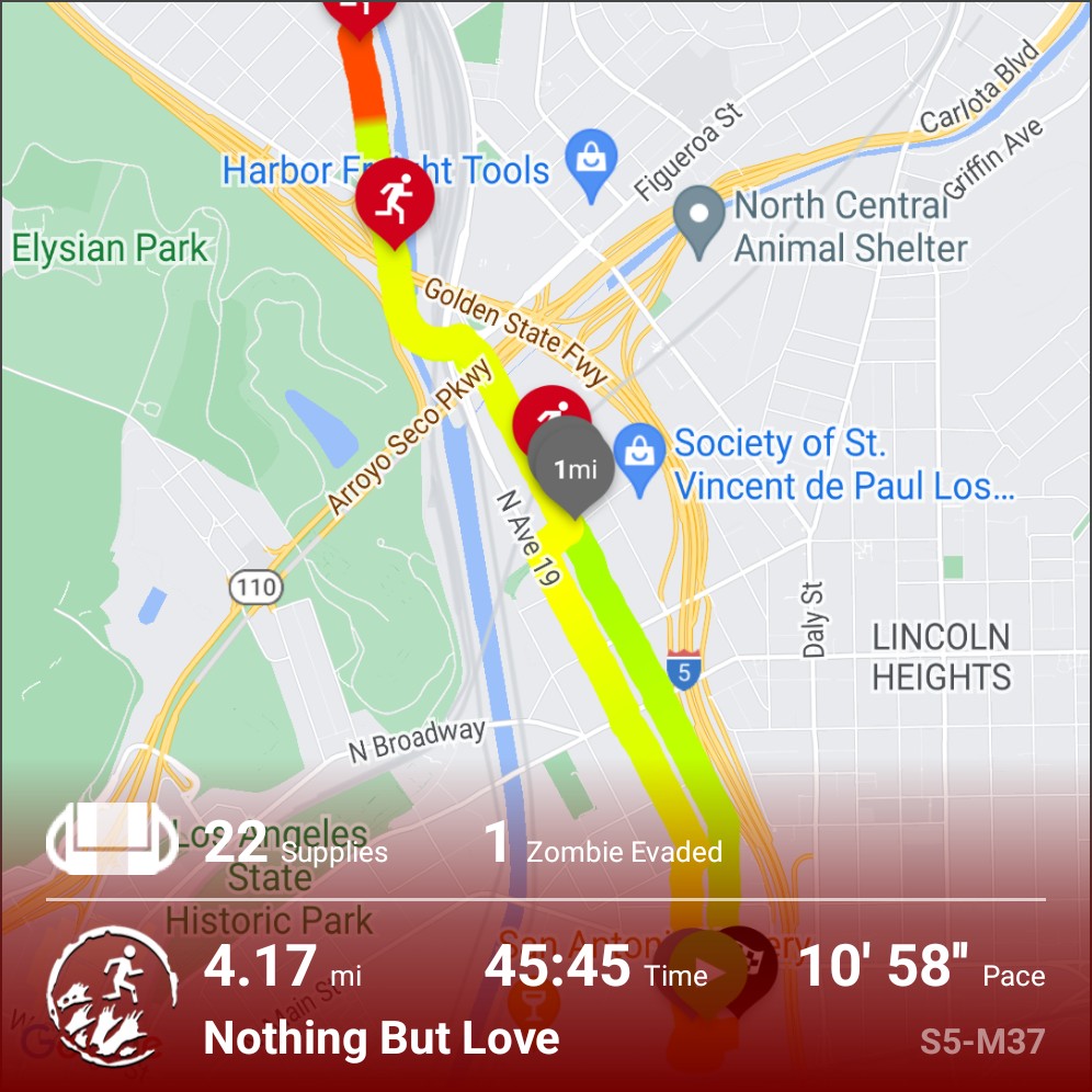 A map from the Zombies, Run! app showing my run in Los Angeles. I ran 4.17 miles in 45 minutes 45 seconds.