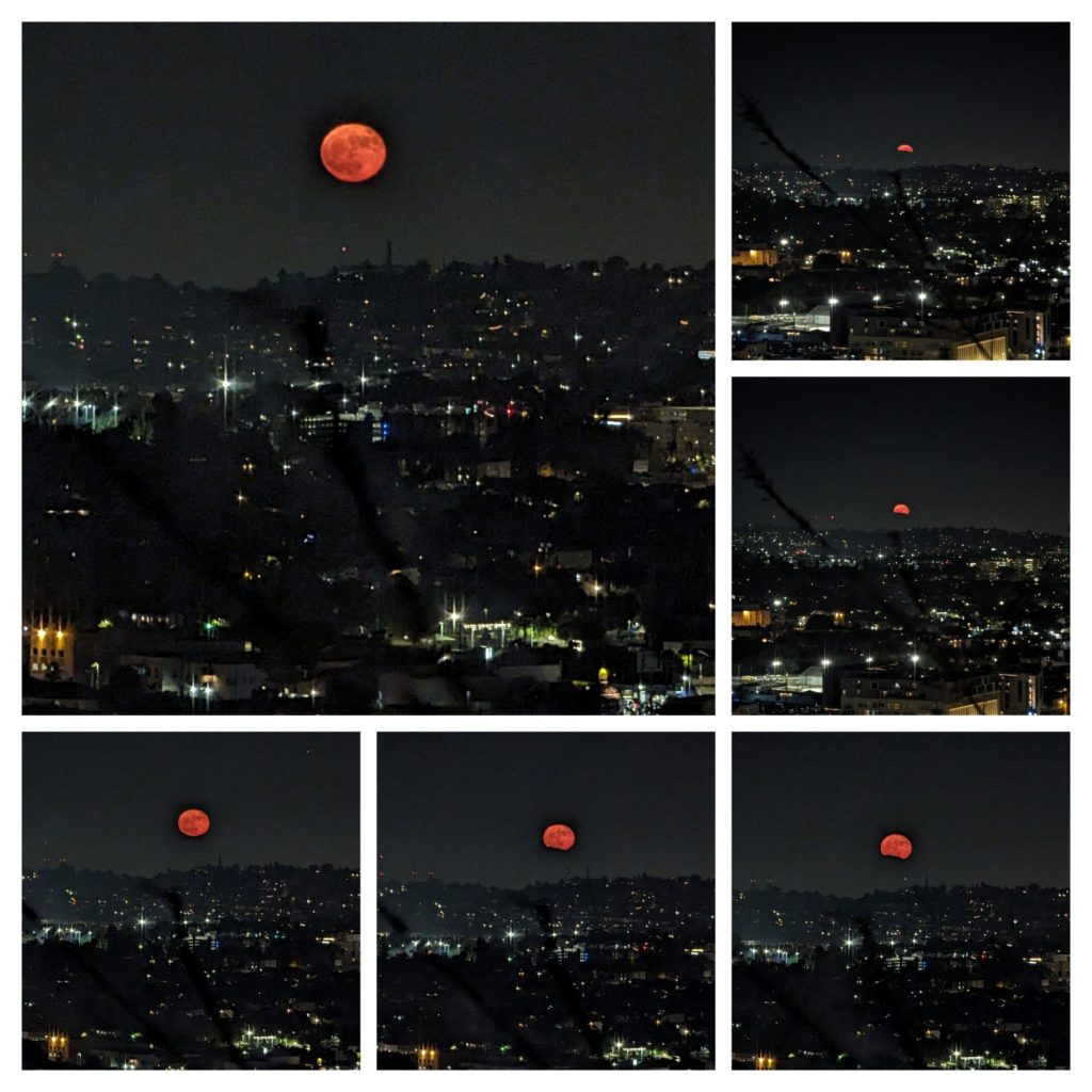 A collage of 6 images showing the reddish-orange moon rising over the hills of East Los Angeles on July 3, 2023.