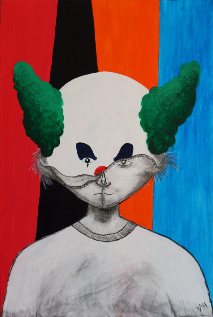 A painting of a clown emerging from the skin of a regular human type. The background is 4 fat stripes of blue orange purple and red. The foreground is the aforementioned clown emergent.
