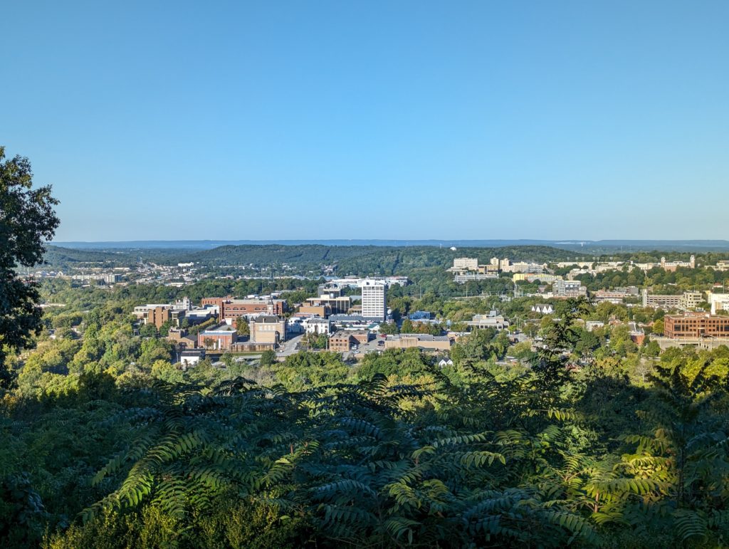 A photograph of Fayetteville, Arkansas from a nearby hilltop.
