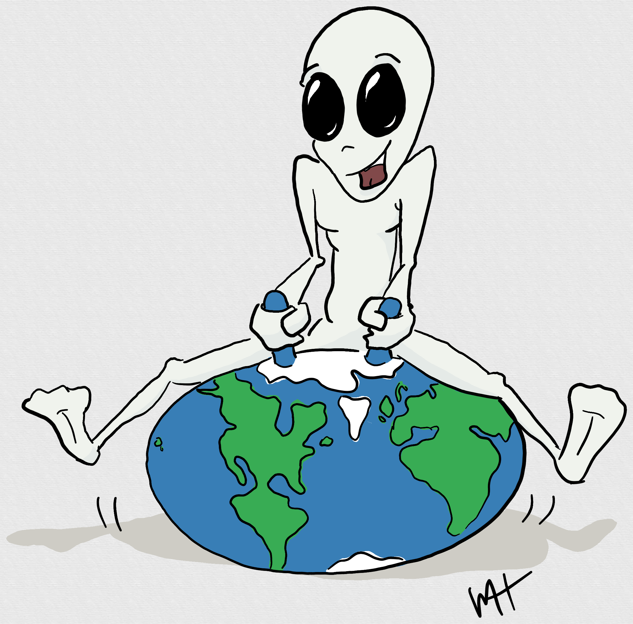 Inktober prompt "bounce." A drawing of a grey alien bouncing on a kid's bouncing toy the that is the Earth.