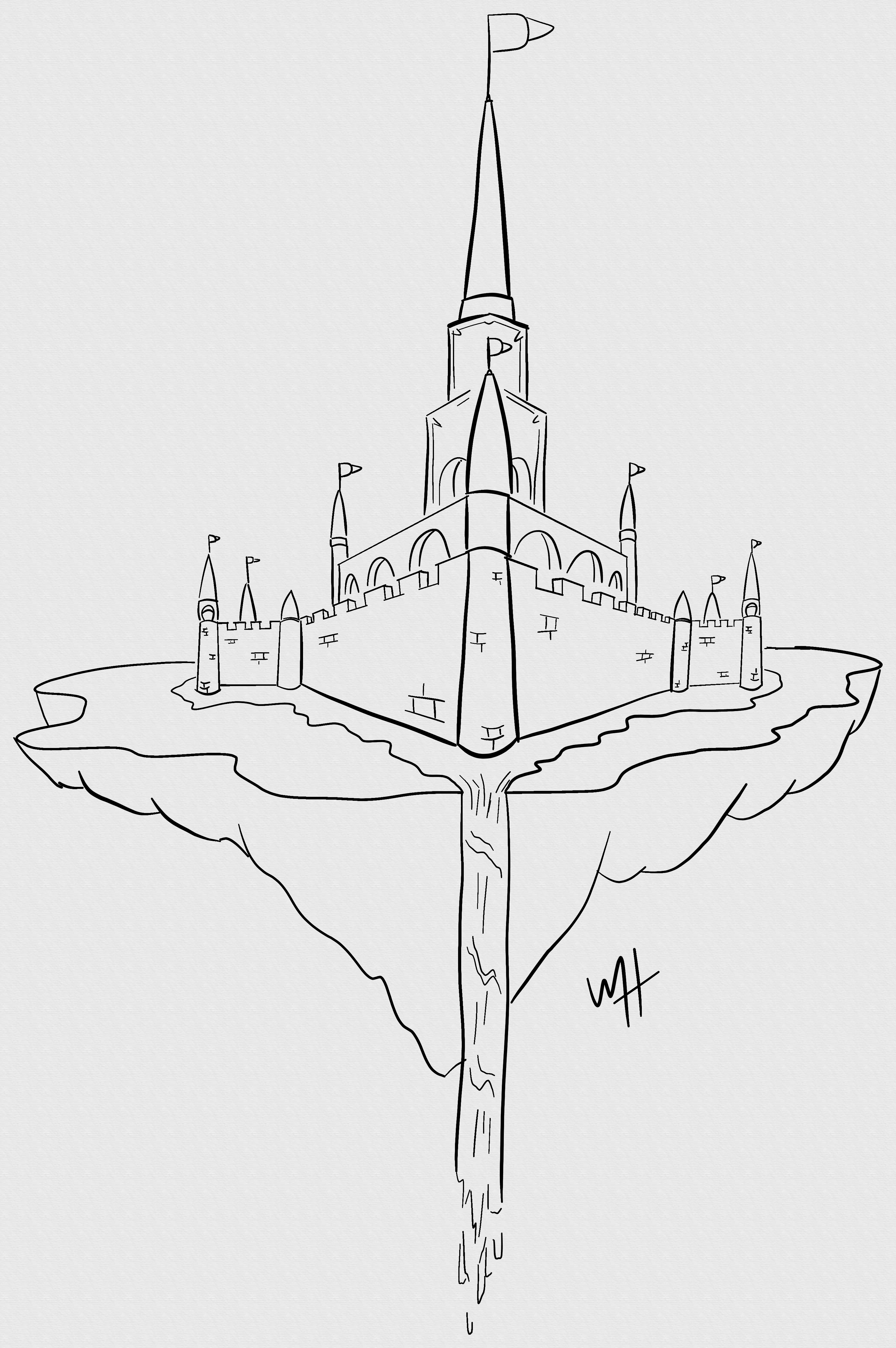 Inktober prompt: castle. A line drawing of a slightly futuristic stone castle on a floating island in the sky or space.