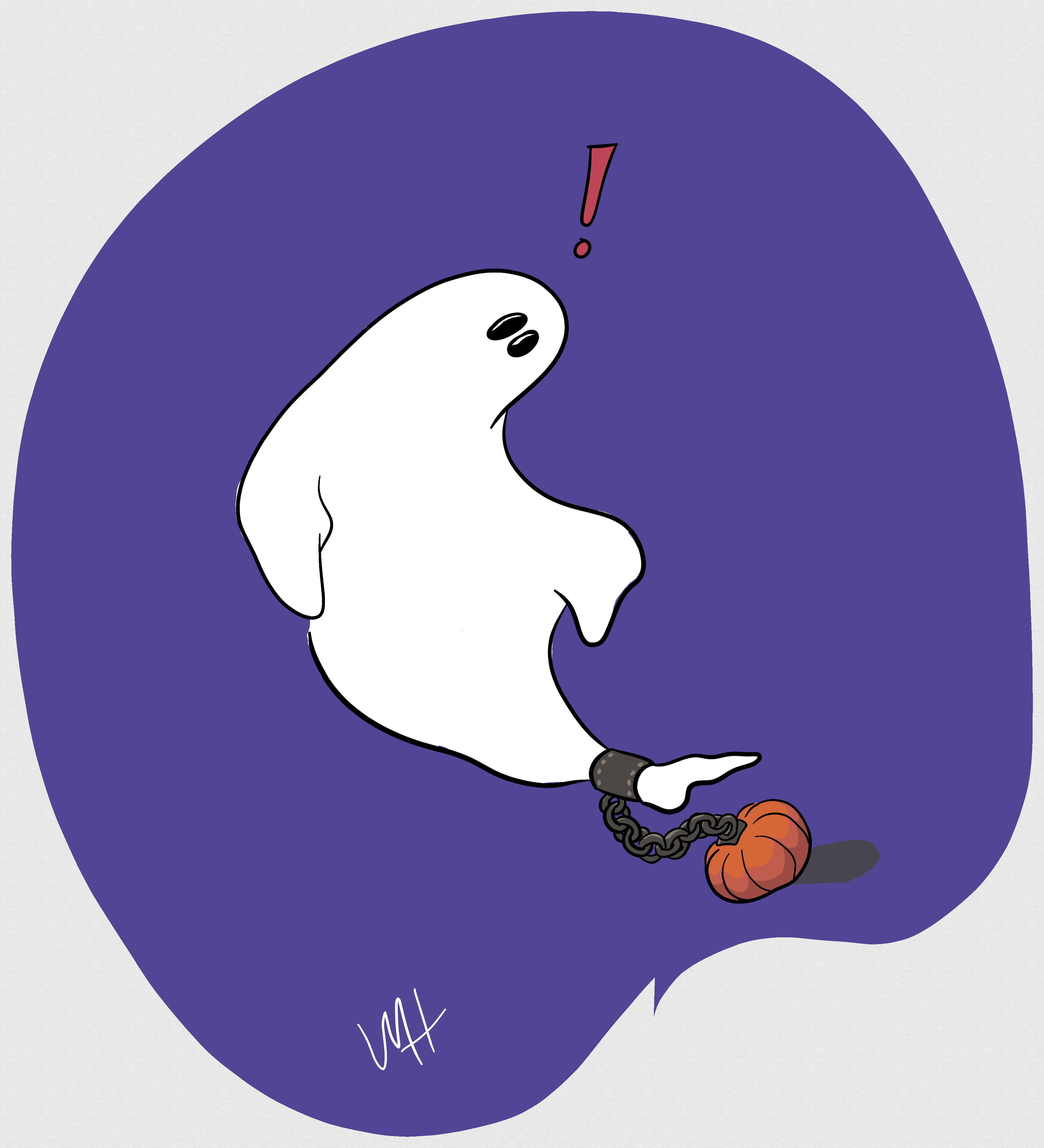 Inktober prompt: chains. A drawing of a ghost who finds itself chained to a weight shaped like a pumpkin.