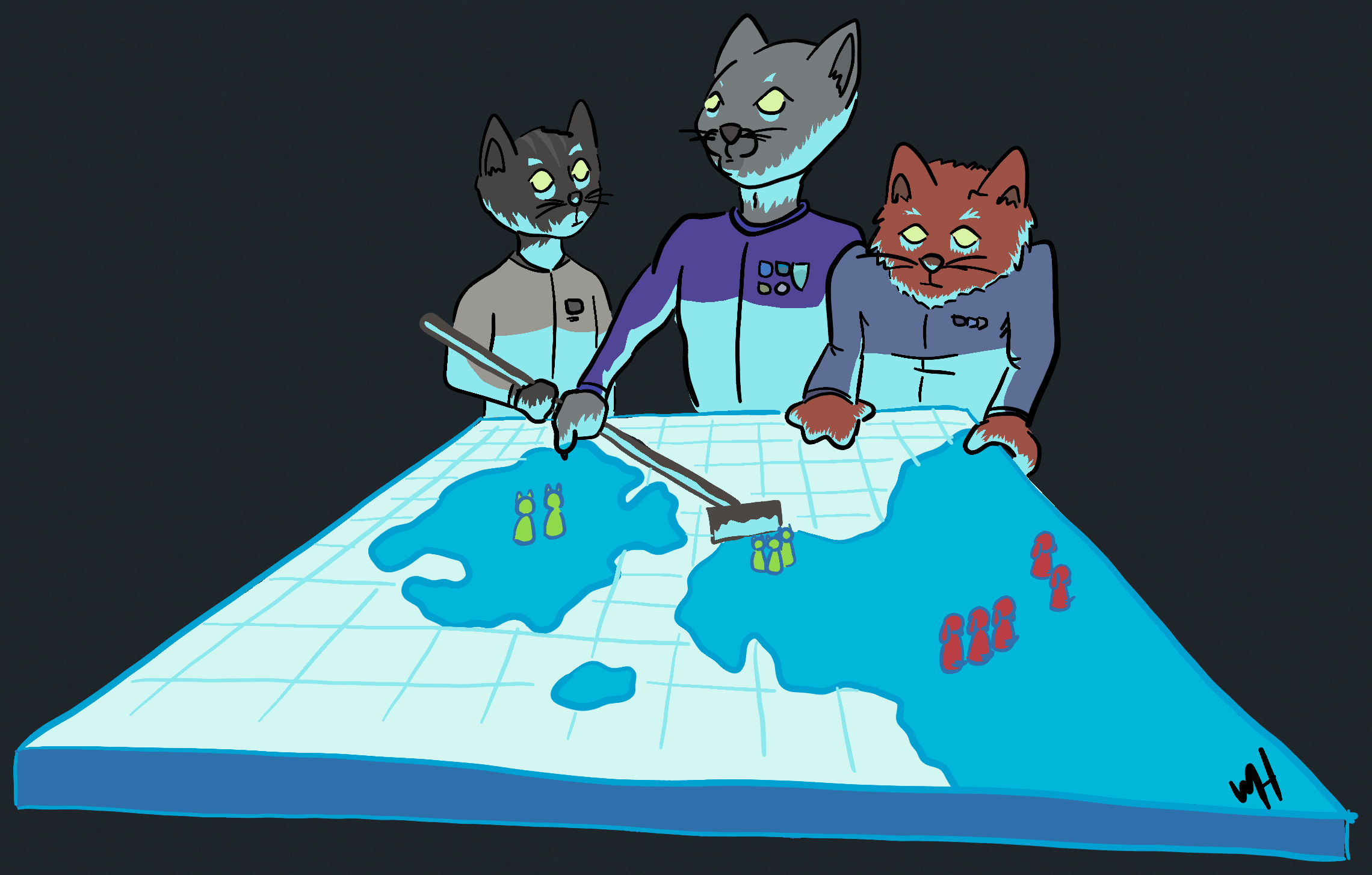 Inktober prompt number 5. Three cats hunched over an illuminated map they're using to decide what to do next.