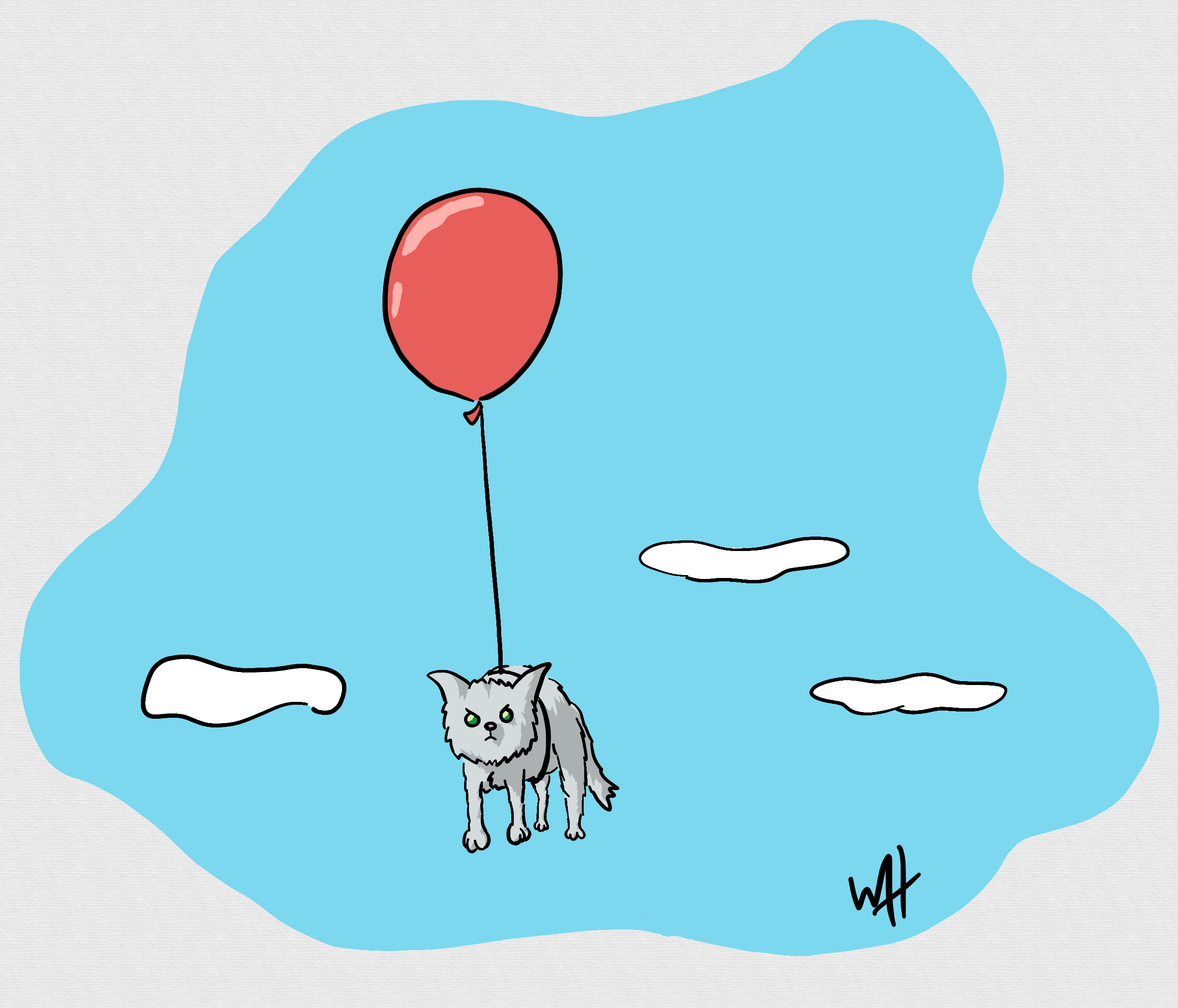 Inktober prompt: Rise. A drawing of a grey cat with a string tied around it. The string is attached to a red balloon and the cat is floating in the sky among the clouds.
