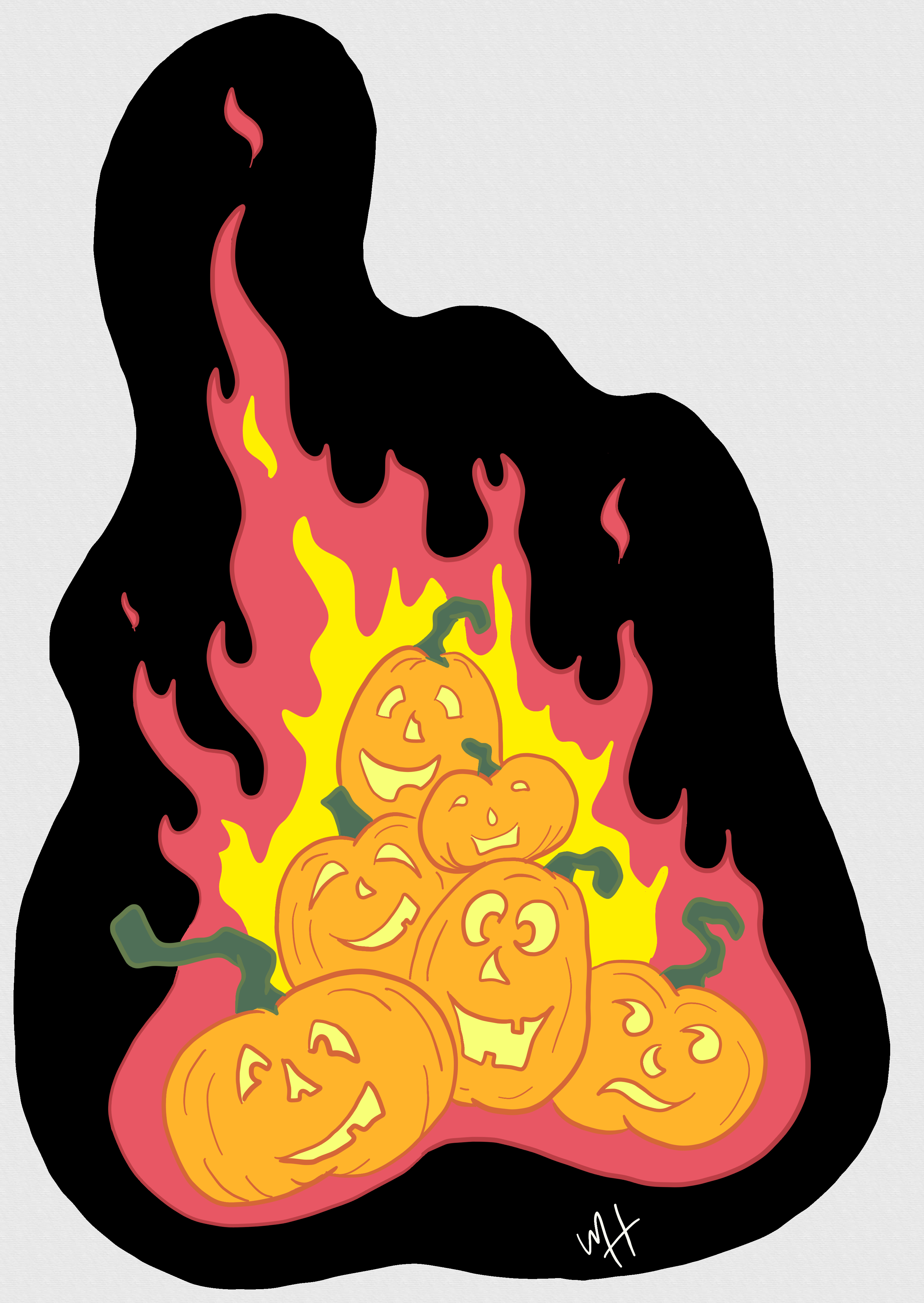 Inktober prompt: fire. A drawing of a stack of smiling jack-o'-lanterns on fire.