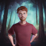 An image capture of an avatar in Ready Player Me. The avatar has reddish hair, a beard and wears a red t-shirt. They stand before a dark forest.