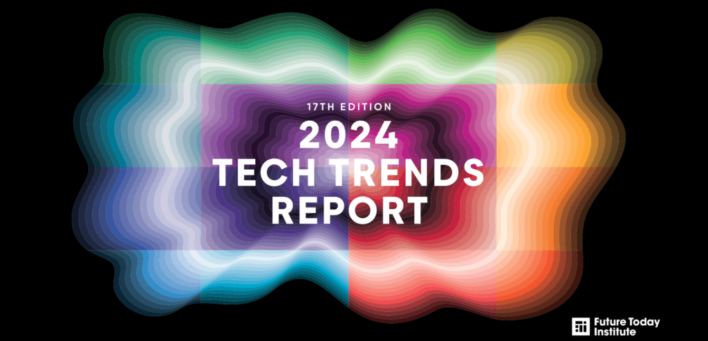 The cover image of the Future Institute's Trends report. It's an abstract, colorful wavy rectangle with multiple layers with the words 2024 Tech Trends Report in bold white text.