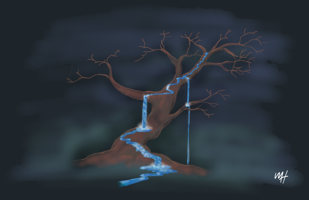 A digital painting using the watercolor brush in the Concepts app. It depicts a leave less tree with a river and waterfalls running down its branches and trunk.