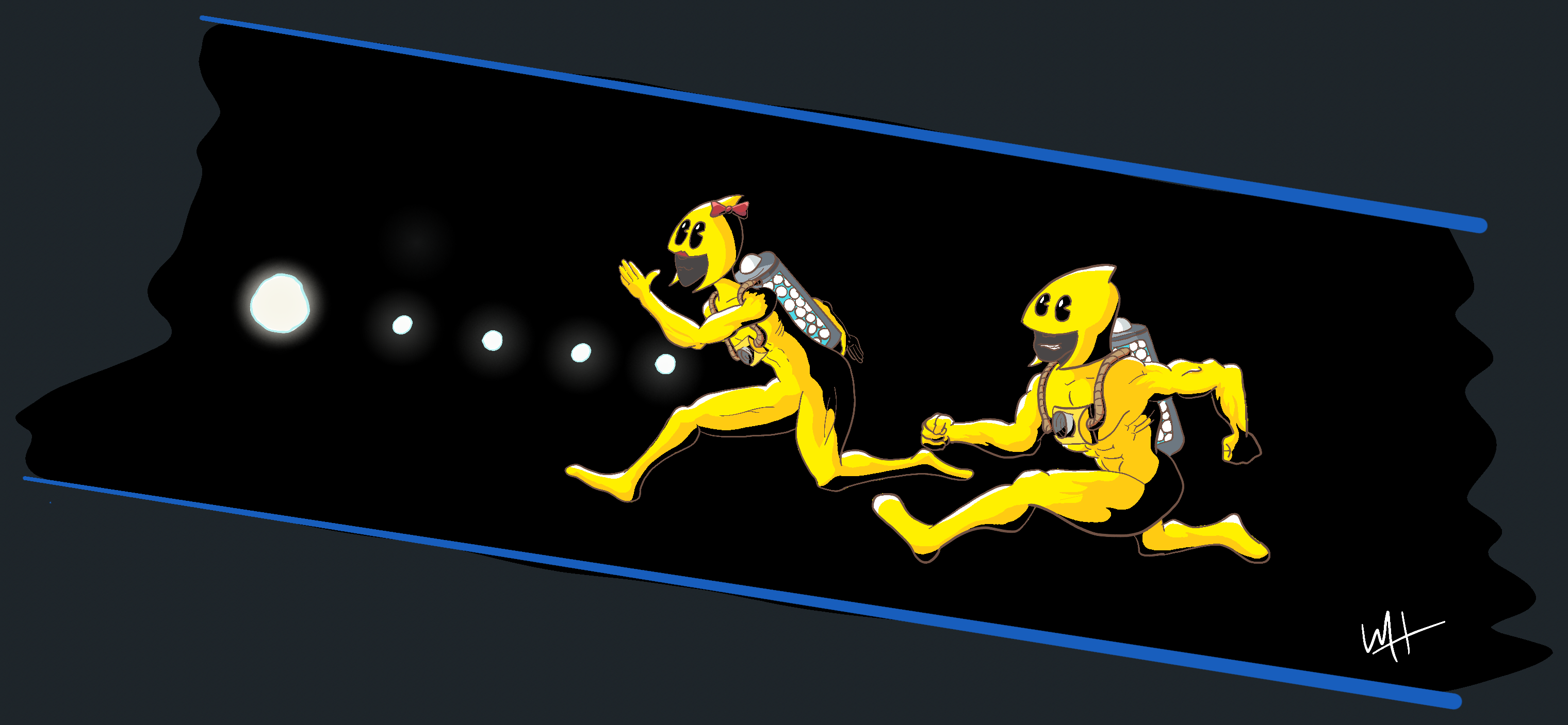 A drawing, in comic book style, of Ms Pac man and Pac Man running after some pellets