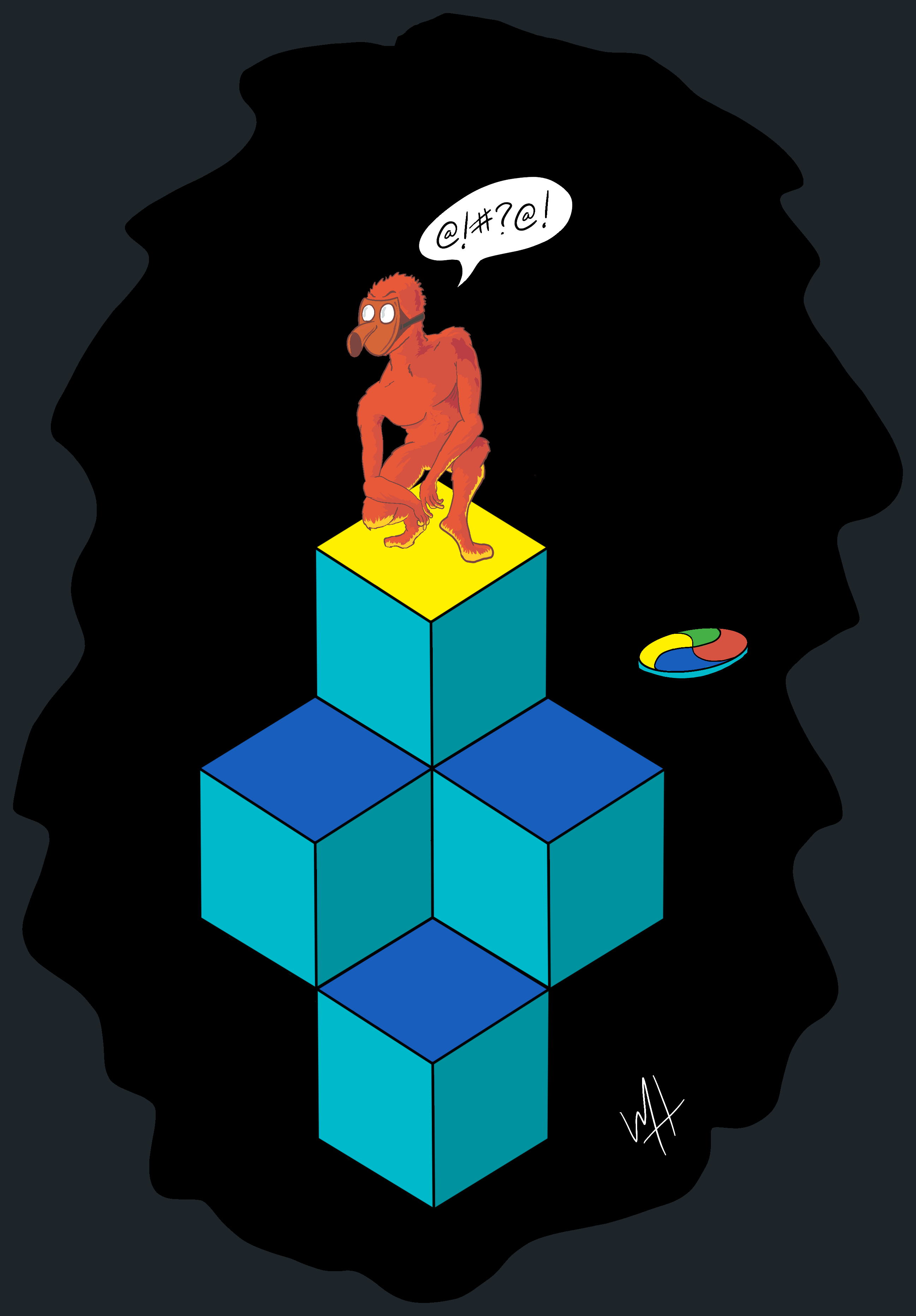 A drawing, in comic book style, of qbert sitting on top of his pyramid contemplating his next move. And swearing.