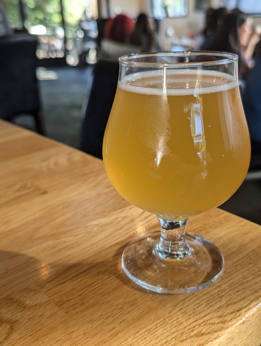 A tulip glass filled with Synthwave, a sour beer from Three Weavers
