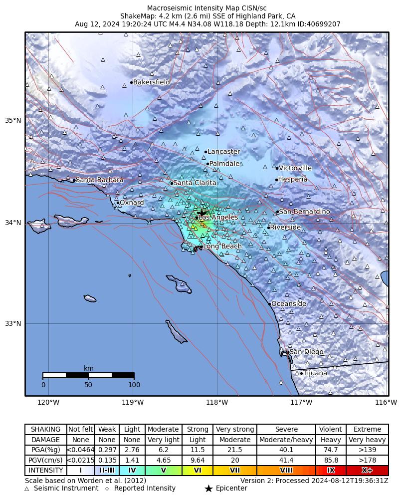 USGS Shake Map of Los Angeles after a 4.4 earthquake in Highland Park. 