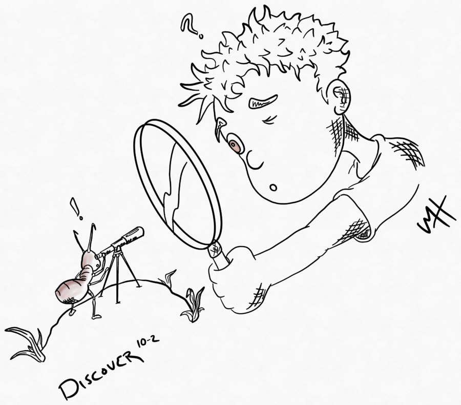 Inktober day 2 prompt: discover. A line drawing of a kid looking at an ant with a magnifying glass. The ant is looking back with a telescope.