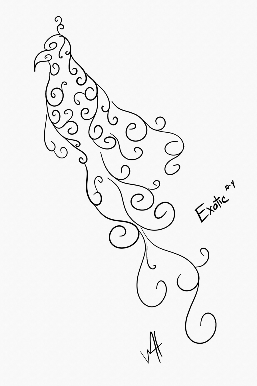 Inktober prompt: exotic. An abstract line drawing of a bird. The lines are very swirly and swoopy.