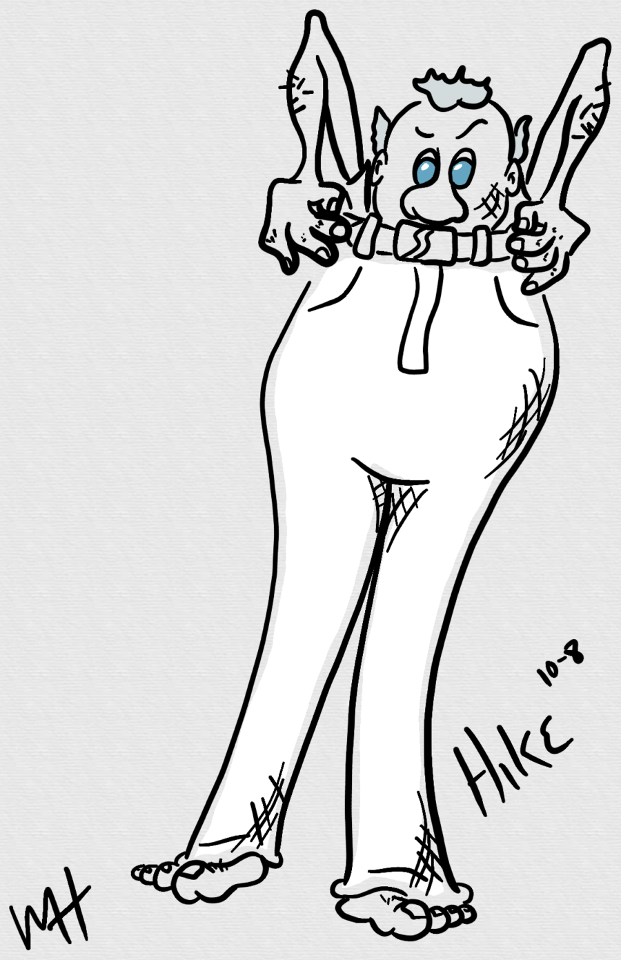 Inktober day 08 prompt: Hike. A line drawing of an old man pulling his pants up to his neck.