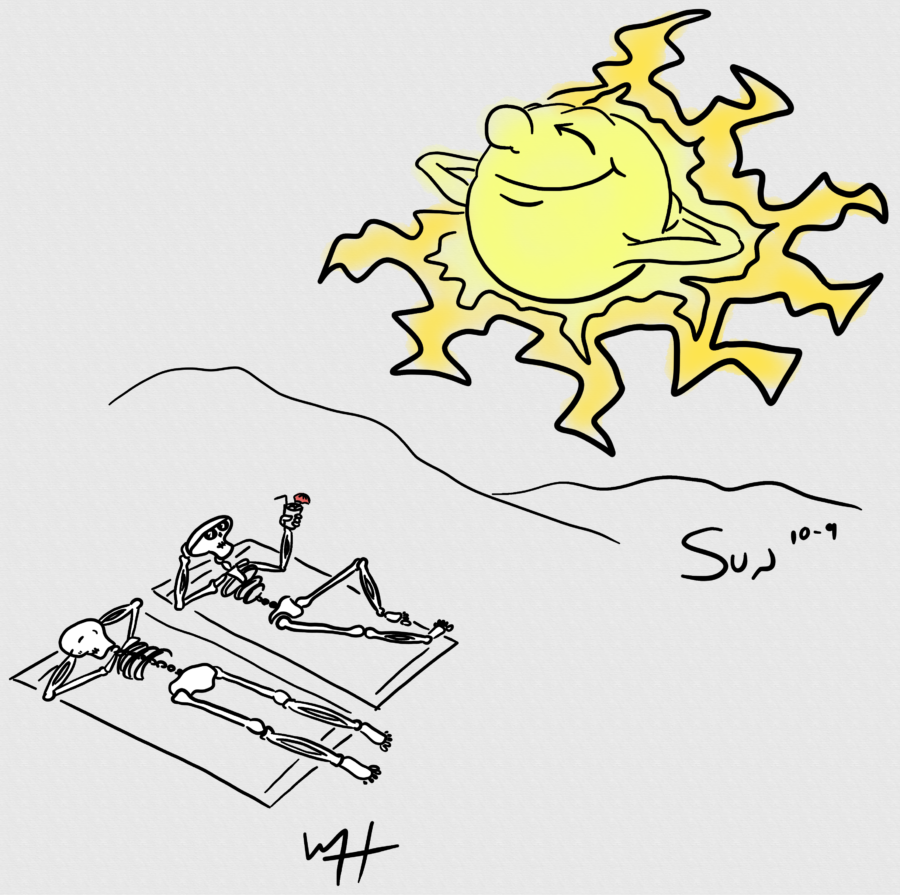 Inktober day 09 prompt: Sun. A line drawing of a bright sun with its arms behind its head shining down on two sunbathing Skeletons one of whom is enjoying a cocktail.