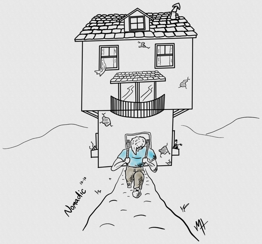 Inktober Day 10 prompt: Nomadic A line drawing of a person walking with their house on their back.