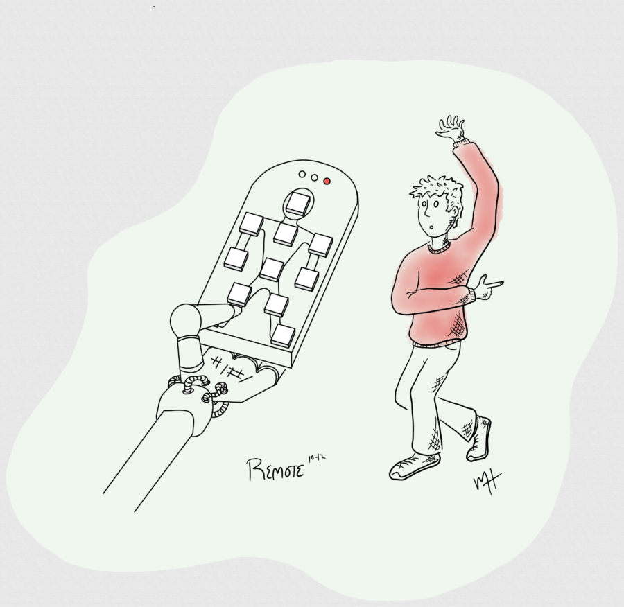 Inktober day 12 prompt: Remote. A line drawing of a robot claw holding a remote control that has multiple buttons over a drawing of a human outline. In the distance is a human in an uncomfortable pose. I guess the remote works.