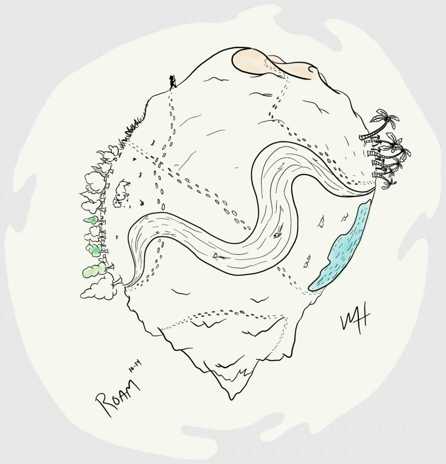 Inktober day 14 prompt: Roam. A line drawing of a tiny planet with multiple biomes. There are footprints criscrossing the tiny planet. A lone figure, the source of the footprints, is near the desert horizon.