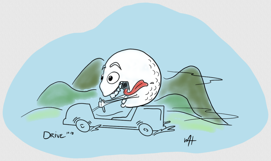 Inktober day 18 prompt: Drive. A line drawing of a golf ball driving a golf cart quickly down a fairway.