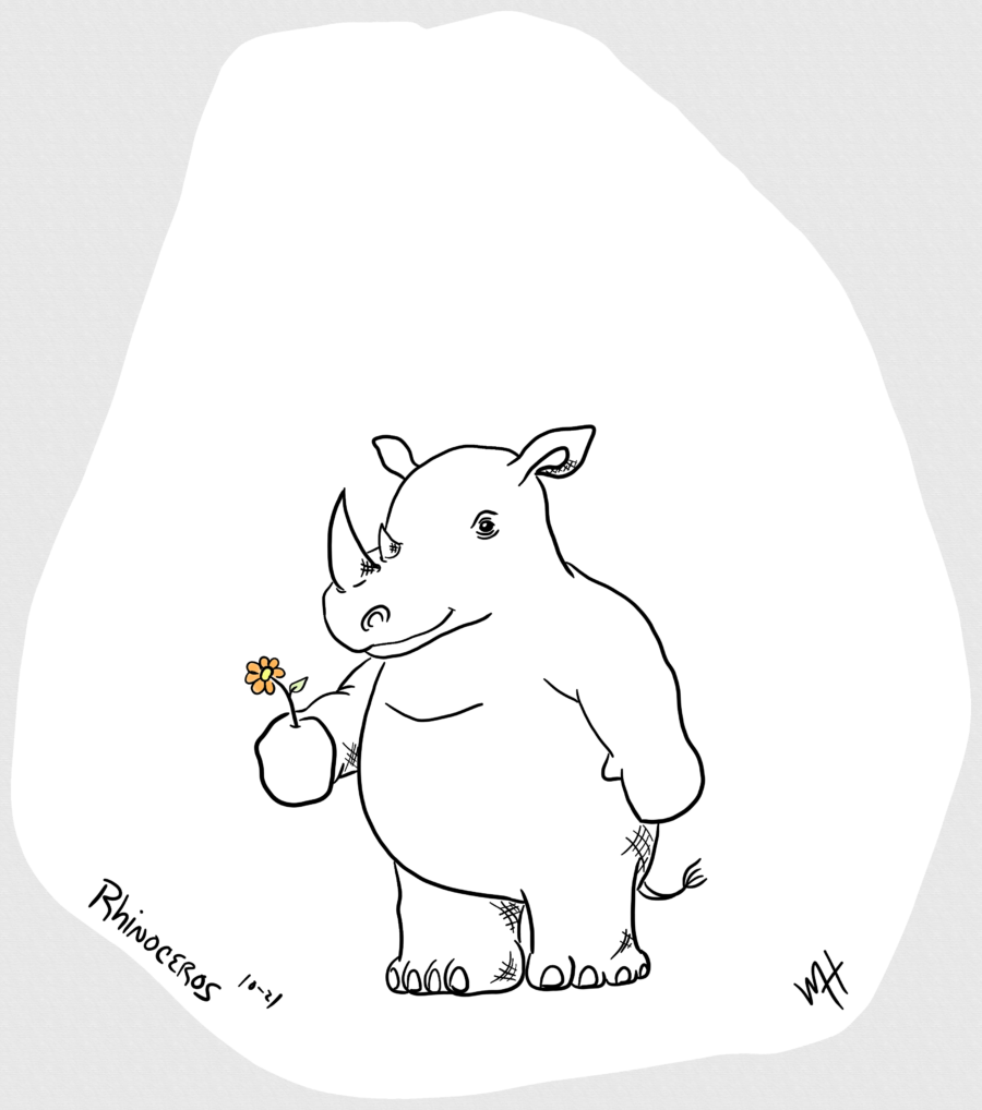 Inktober day 21 prompt: Rhinoceros. A line drawing of caricature of a rhino standing on two legs holding a small, orange flower by the stem.