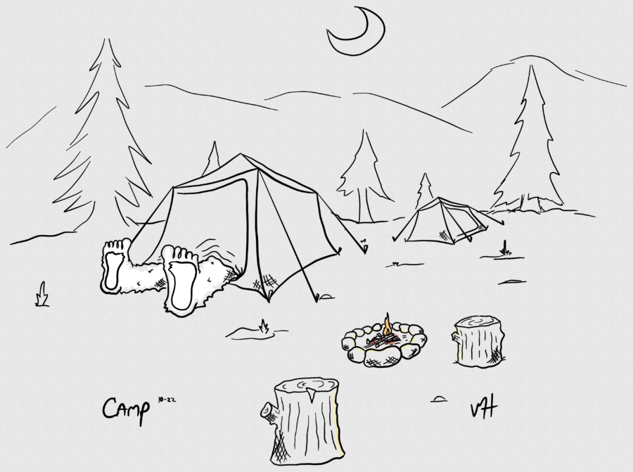 Inktober day 22 prompt: camp. A line drawing of a camp site at night. The campfire dying down, the moon in the sky. There are two tents and out of the closest tent stick two, white, furry legs. It's hard to find tents that fit a Yeti.