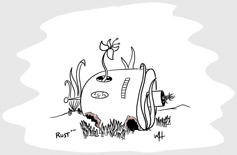 Inktober day 23 prompti Rust. A line drawing of a robots head lying in the grass. Two holes have rusted out of the area Nearest the ground. A flower grows out of the broken left eye.