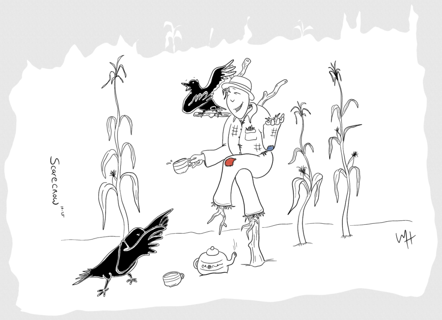 Inktober day 25 prompt: Scarecrow. A line drawing of a Scarecrow enjoying tea with a couple of crows in the cornfield where it's supposed to be working. The crows are laughing at whatever story the Scarecrow is telling.