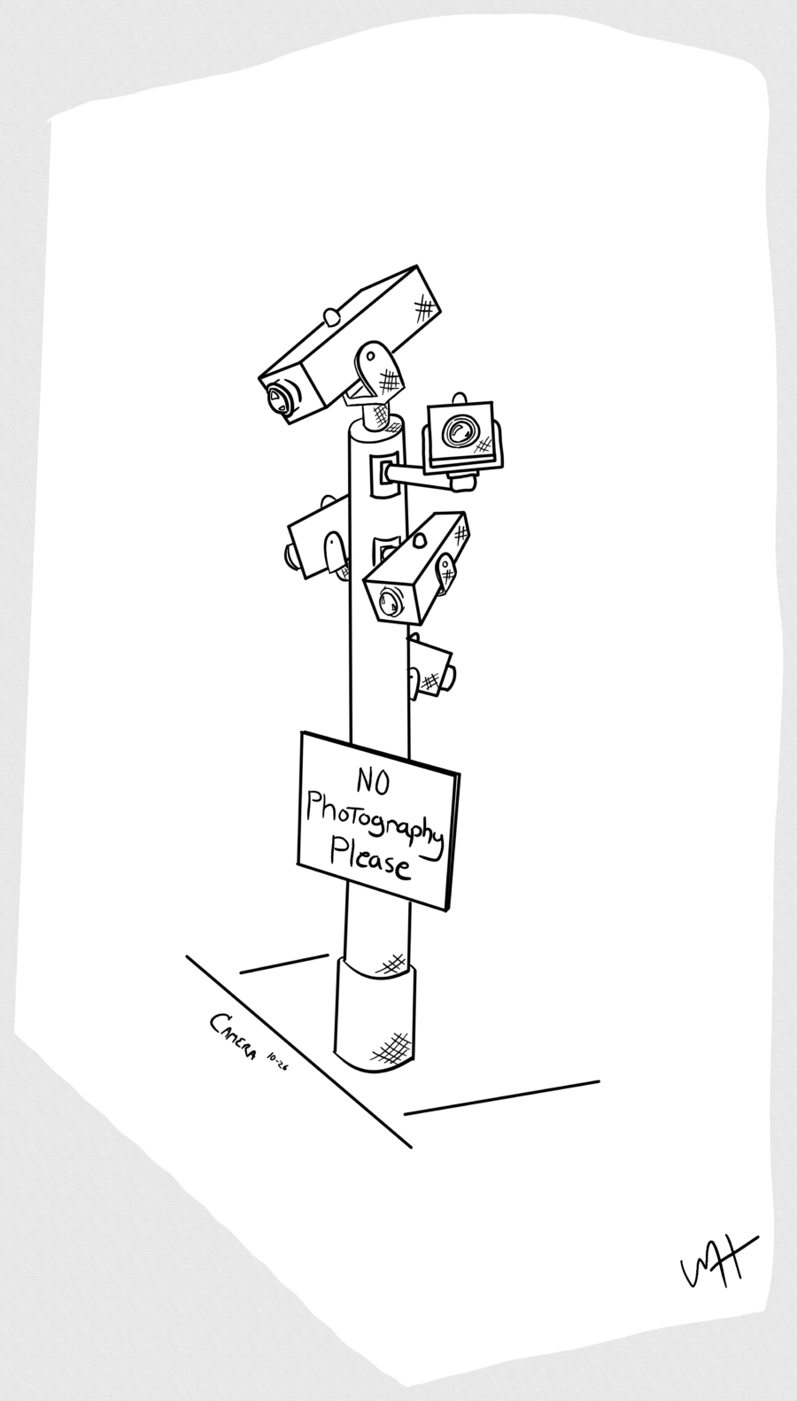 Inktober day 26 prompt: Camera. A line drawing of a pole with 5 security Cameris mounted on it. they each point in a different direction. Below the cameras on the pole hangs a sign that reads "no photography please"