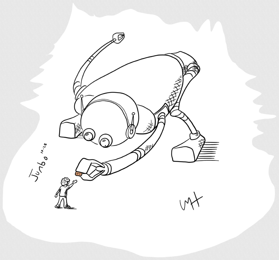 Inktober day 28 prompt: Jumbo. A line drawing of a very large robot leaning forward to hand a Cookie to a Kid.