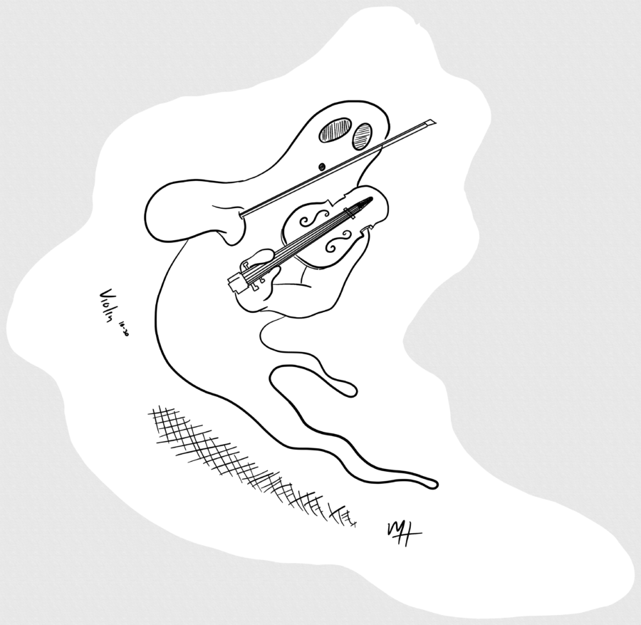 Ink to ber day 30 prompti Violin. A line drawing of a ghost playing a violin.