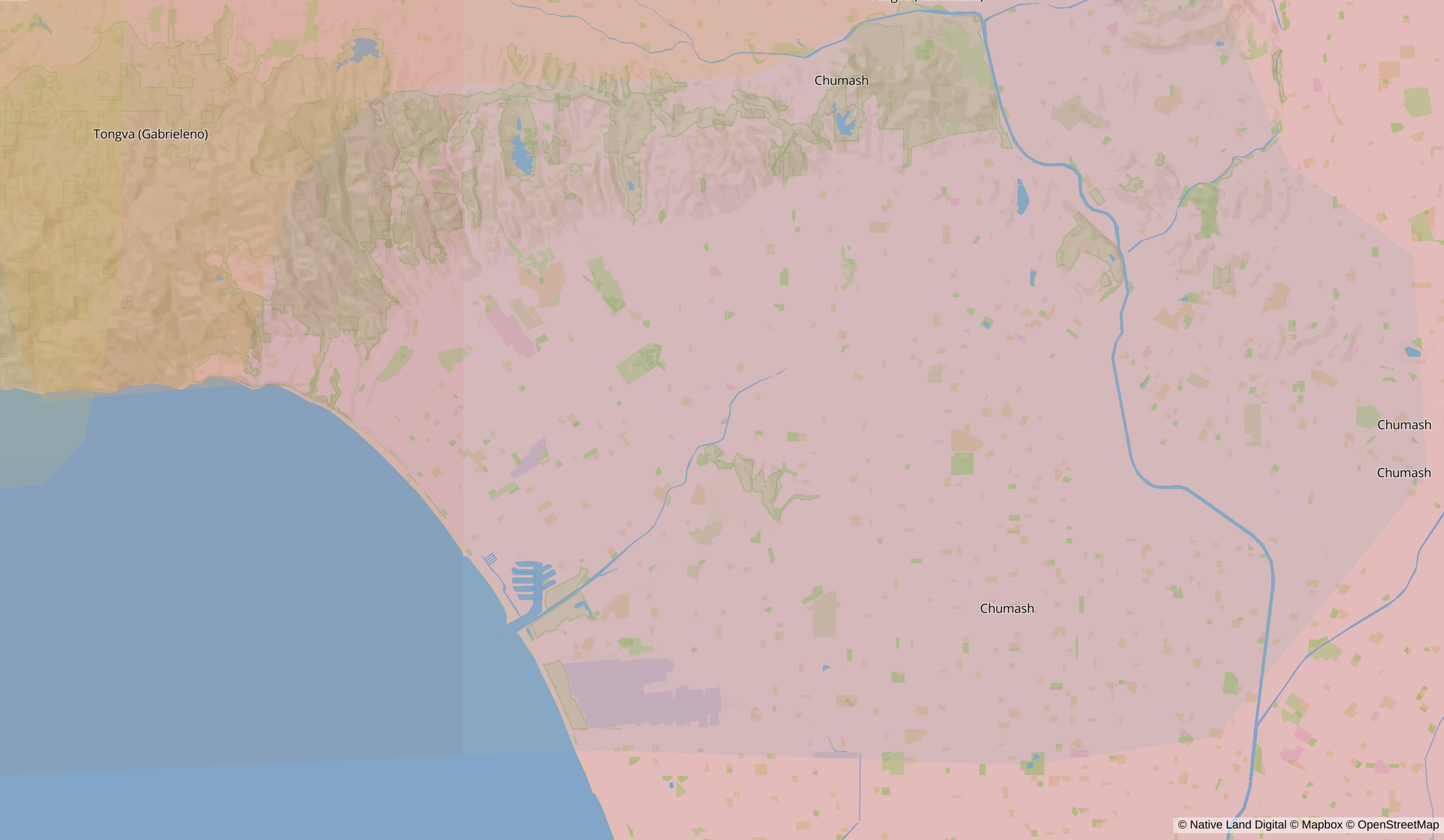 A map of the Los Angeles area with an overlay of indigenous land areas.