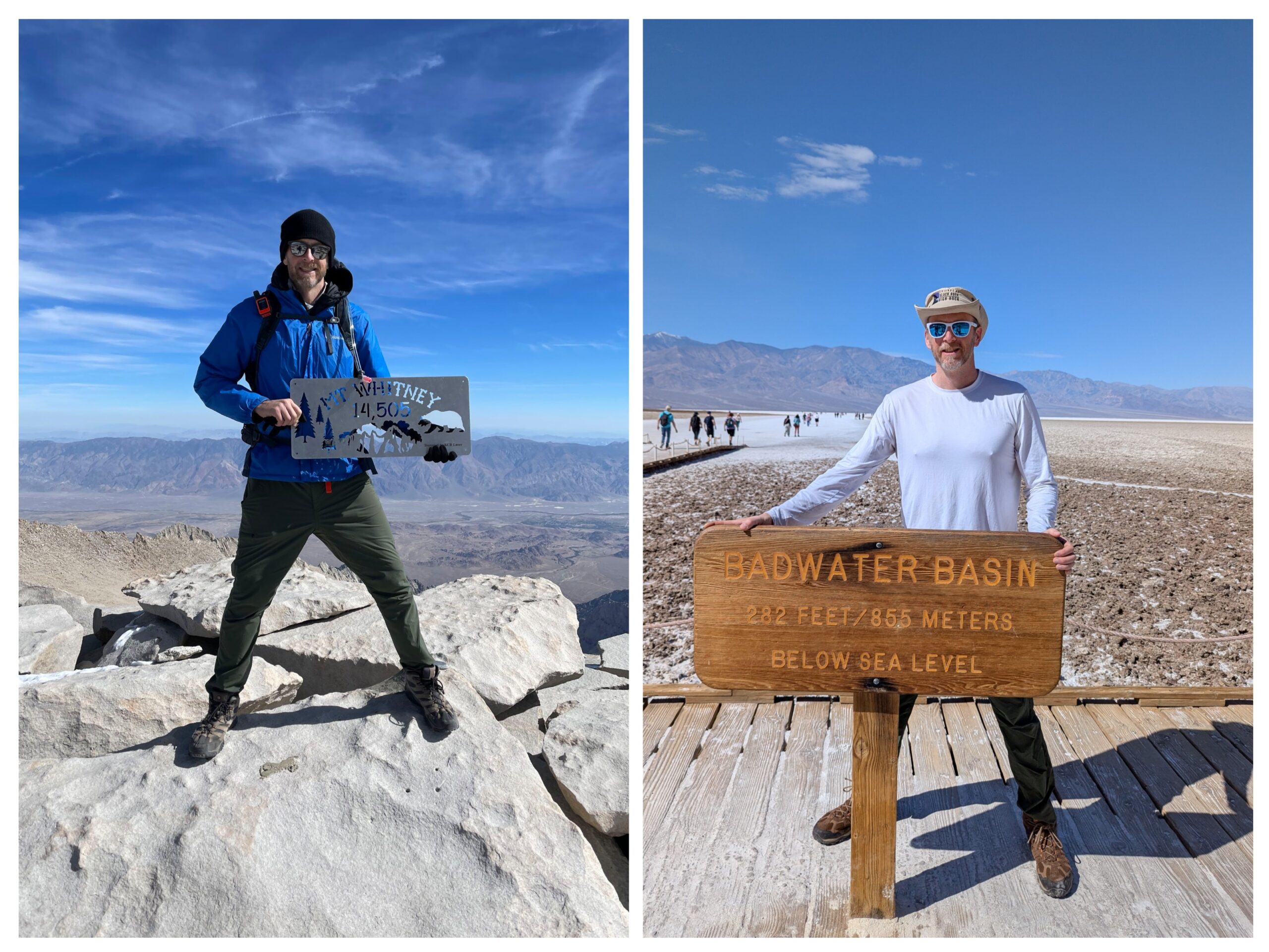 Side by side photos of me. On the left I'm standing on the summit of Mt Whitney at 14,505 feet on October of 2022. On the right is me in Death Valley at 282 feet below sea level in March of 2025.