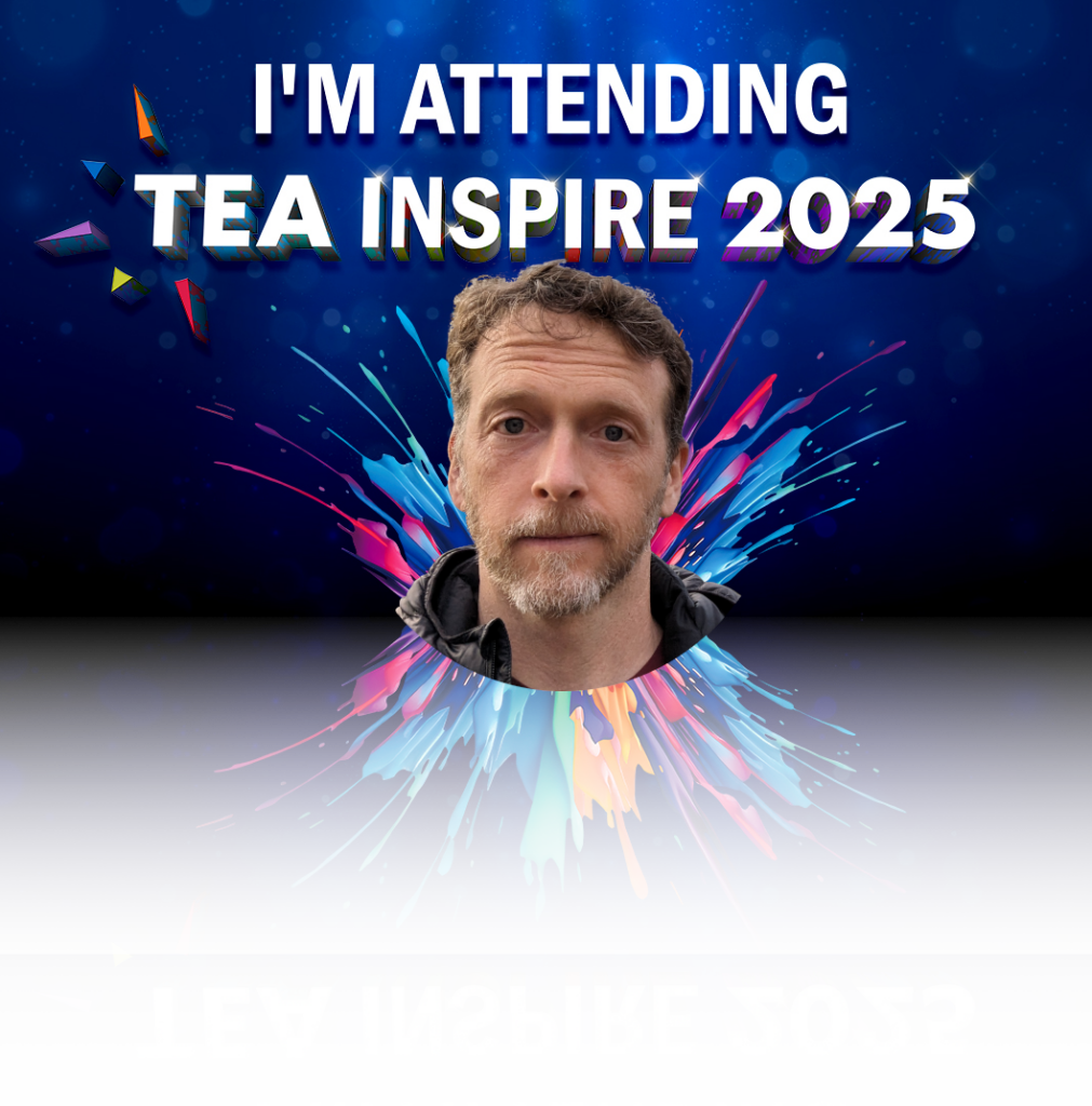 A graphic exclaiming that I'm attending TEA Inspire 2025 with my face hovering over a colorful splash.