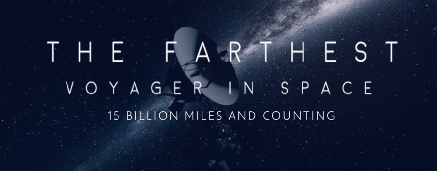 A screenshot of the "The Farthest" title art. The text is in a narrow font over an inky black background full of stars and part of the milky way. A rendering of voyager sits prominently in the center.