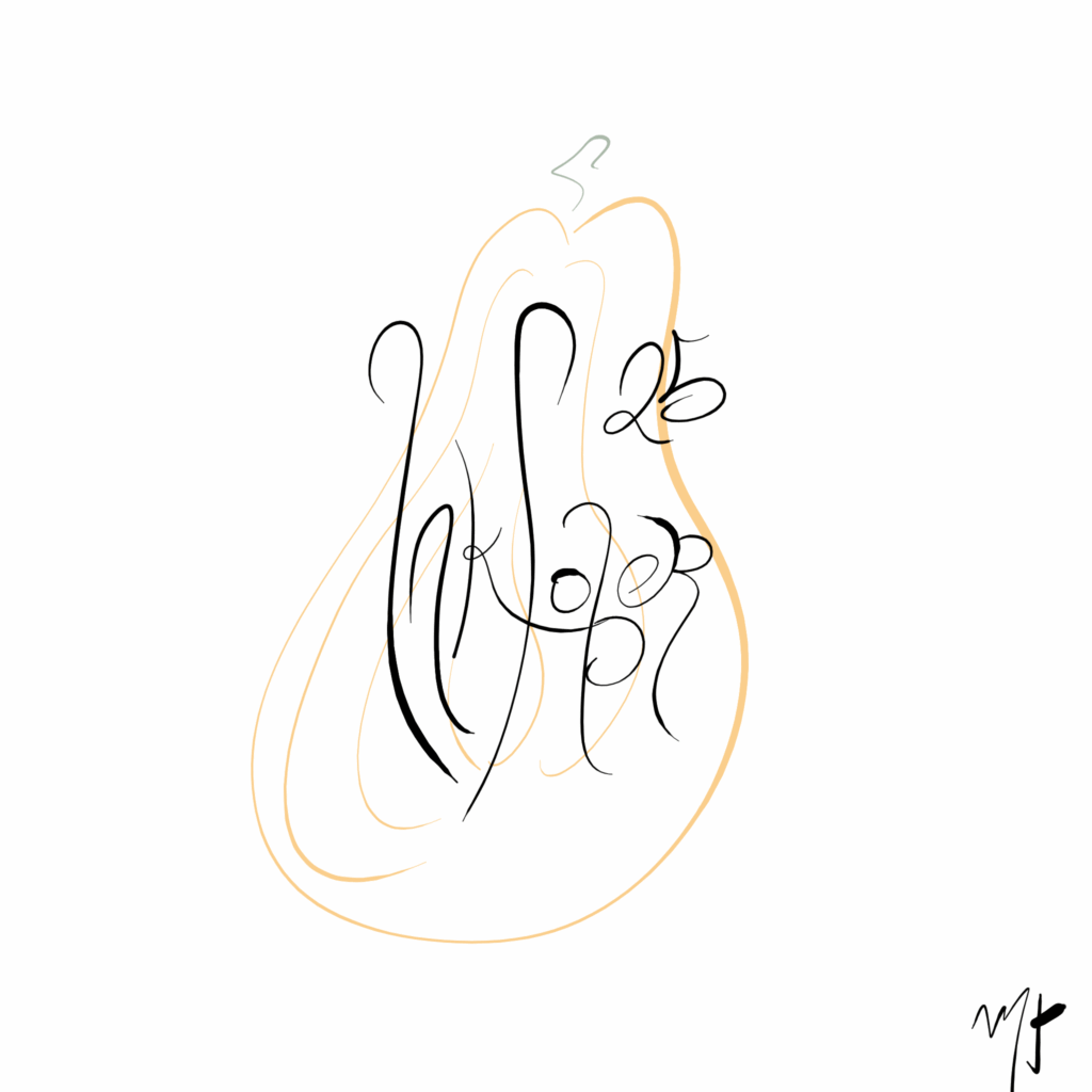 A digital ink drawing that says inktober 25 with a pumpkin-like-gourd in the bg.