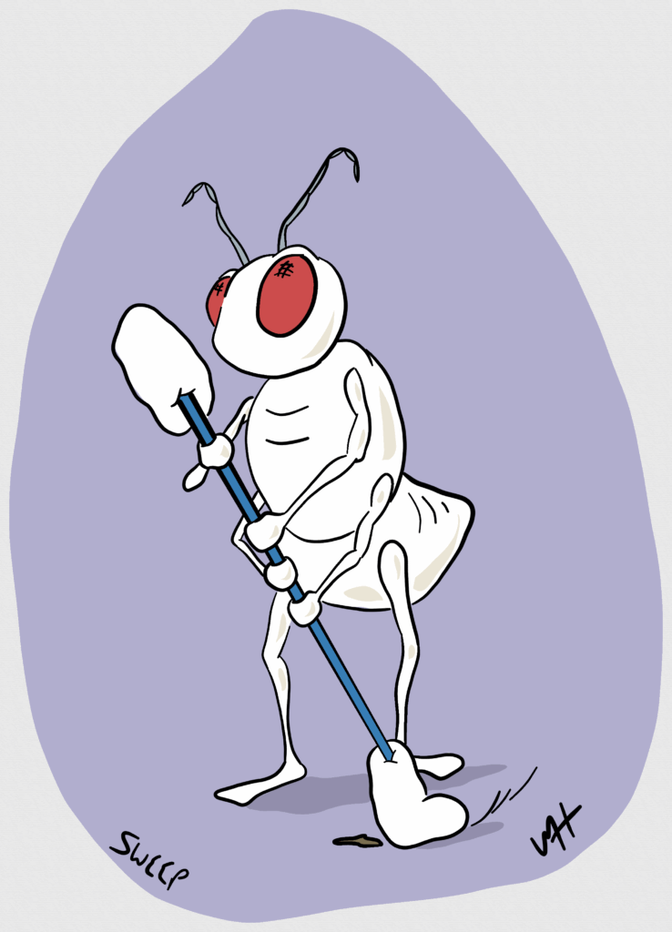 Inktober day 10 prompt: sweep A drawing of an ant like bug sweeping the floor with a cotton swab.
