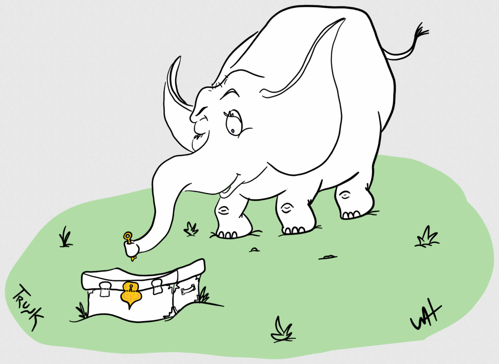 Inktober day 14 prompt: Trunk A drawing of an elephant eyeing a trunk holding a key in its...trunk