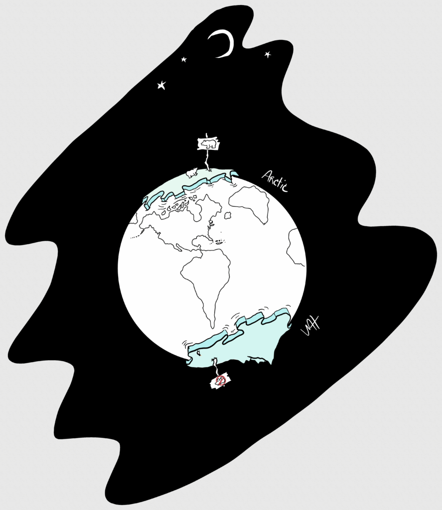 Inkober day 19 prompt: Arctic A drawing of Earth with an exagerated Arctica $ Antarctica. A sign post in Arctica has a bear on it. The sign in Antarctica says no bears.