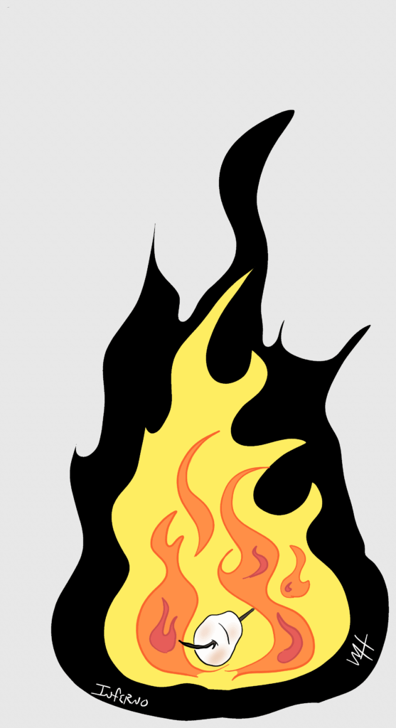 Inktober day 25 prompt: inferno A drawing of a toasting marshmallow surrounded by flames