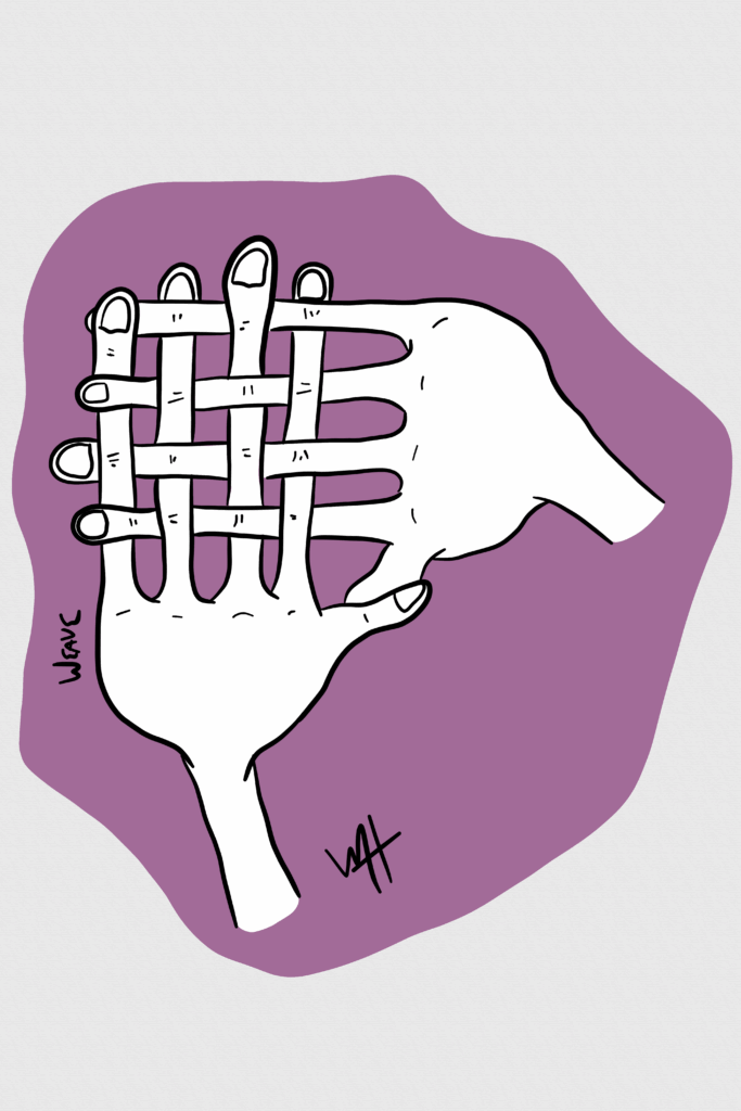 Inktober day 02 prompt: weave A drawing of two hands with exceptionally long fingers woven together. 