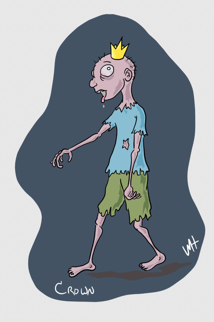 Inktober day 03 prompt: Crown A drawing of a shambling zombie wearing a tiny crown at a jaunty angle.