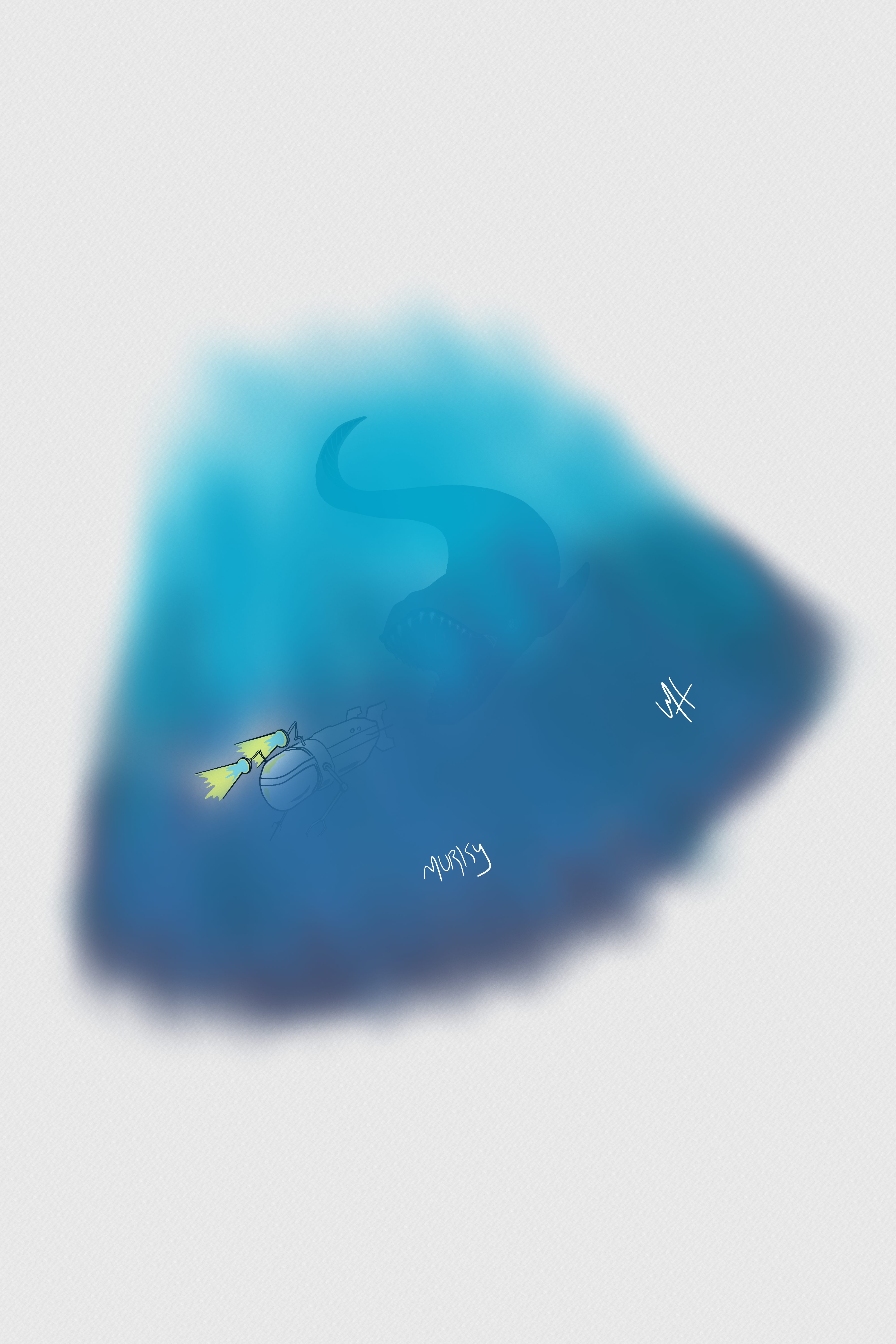 Inktober day 4 prompt: murky A drawing of an unmanned submersible peering into the depths of the see. In the background we can just make out something very large with very large teeth looking for an unmanned snack.