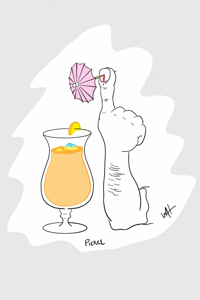 Inktober day 6 prompt: Pierce A drawing of a hand, index finger pointing up with a cocktail umbrella piercing the finger through the nail.