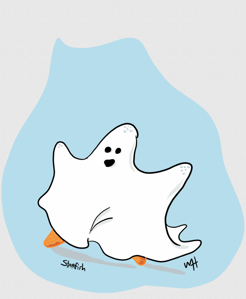 Inktober Day 7 prompt: Starfish A drawing of a starfish dressed as a ghost 