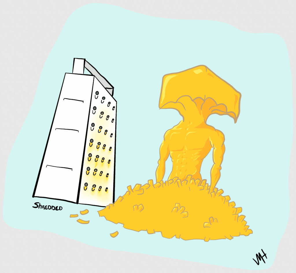 Inktober day 12 prompt: shredded. A drawing of a box cheese shredder next to a pile of shredded cheese and what appears to be a muscular male figure partially car's out of the remaining block of cheese.